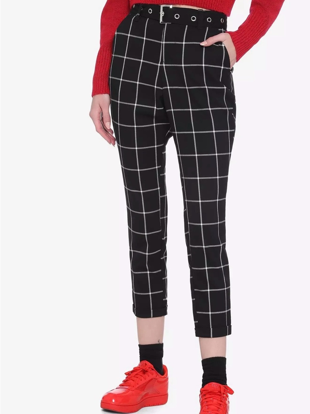 Hot Topic Large Black White Plaid Pants Grommet Belt Punk Grunge Y2K Goth